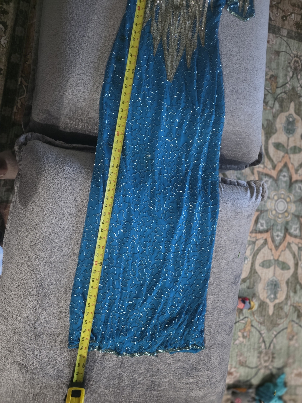 Vintage Alyce Designs 100% Silk Heavily Beaded Teal Gown Size 10 - Picture 4 of 5